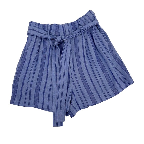 A New Day Striped High Rise Linen Blend Ruffle Waist Paperbag Shorts Size L Blue - Picture 1 of 10
